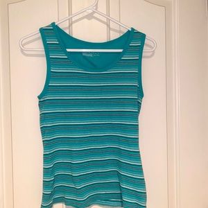 Teal tank top with white and black stripes